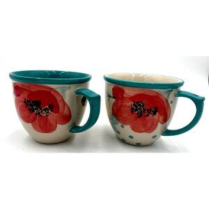 Pioneer Woman Hand-Painted Floral Ceramic Mugs With Teal Interior & Handle